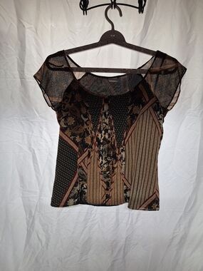 Emma James Sheer Mixed-Print Top in Black and Brown